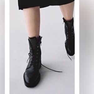 ZARA Black Leather Studded Combat Boots Chunky Lug Sole Women Size 39 EU‎